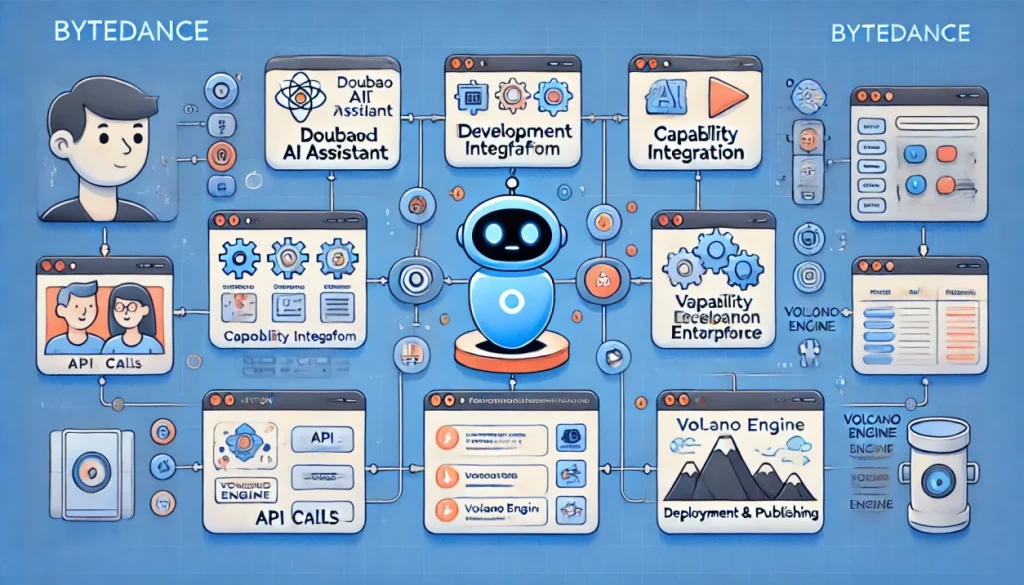 功能示意图：字节AI工具矩阵中，豆包、扣子与火山引擎的协同工作流程